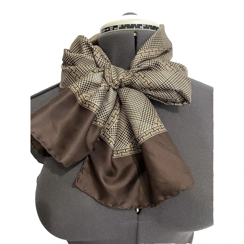 Vintage Silk Scarf 54” x 11” Made in Italy Brown Hand Rolled Plaid Boho Travel